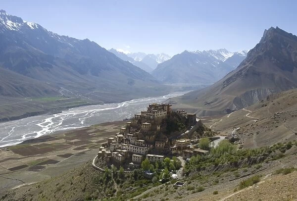 Backlit view of Kee Gompa monastery complex from above