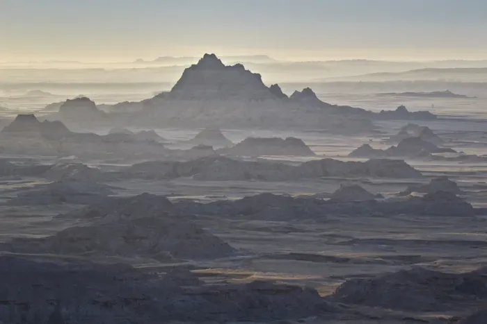 Framed Print : Badlands layers on a hazy morning, Badlands National Park, South Dakota, United States of America Framed Print : Badlands layers on a hazy morning, Badlands National Park, South Dakota, United States of America