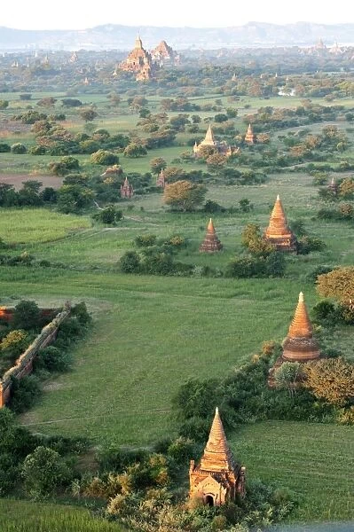 Bagan terracotta temples, Htilominlo temple in the distance, in morning sunshine