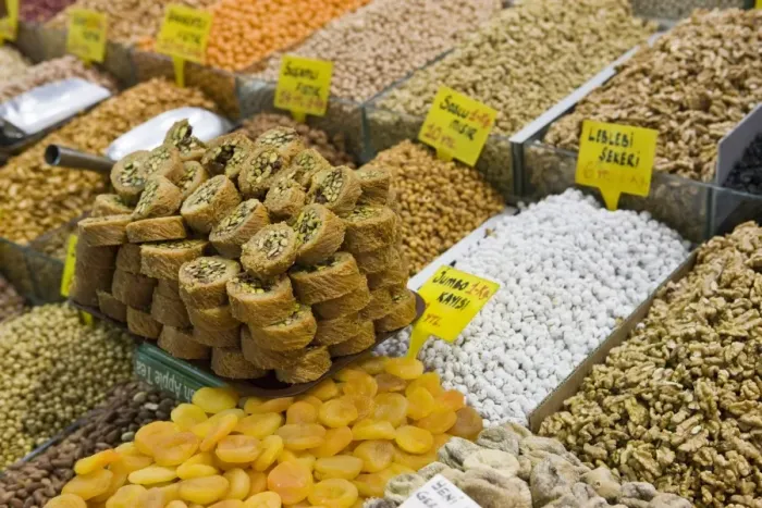 Framed Print : Baklava and dried fruit and nuts for sale, Spice Bazaar, Istanbul, Turkey, Western Asia Framed Print : Baklava and dried fruit and nuts for sale, Spice Bazaar, Istanbul, Turkey, Western Asia