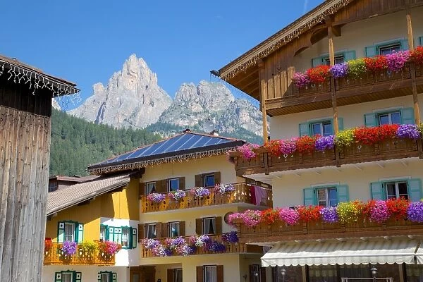 Balconies and flowers, Pozza di Fassa, Fassa Valley, Trento Province, Trentino-Alto Adige  /  South Tyrol, Italian Dolomites, Italy, Europe