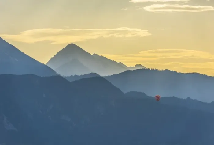 Framed Print : Balloon at sunrise, Bled, Slovenia, Europe Framed Print : Balloon at sunrise, Bled, Slovenia, Europe