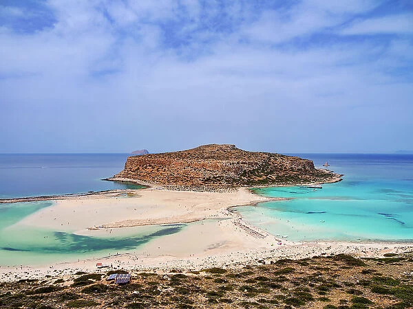 Balos Lagoon Beach and Cape Tigani, elevated view, Gramvousa Peninsula, Chania Region, Crete, Greek Islands, Greece, Europe