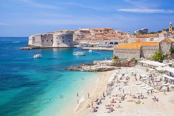 Banje beach, Old Port and Dubrovnik Old Town, Dubrovnik, Dalmatian Coast, Croatia, Europe