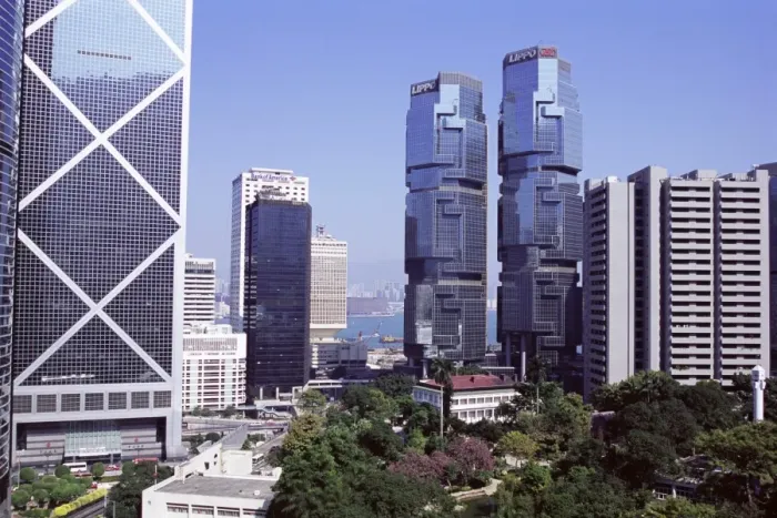 Framed Print : Bank of China building on left, and Lippo Towers on the right, Central Framed Print : Bank of China building on left, and Lippo Towers on the right, Central