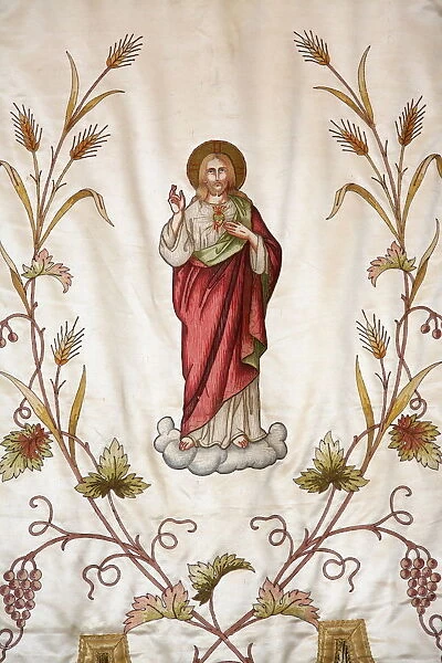 Banner depicting Jesus in Notre-Dame de Fresneau church, Marsanne, Drome, France, Europe
