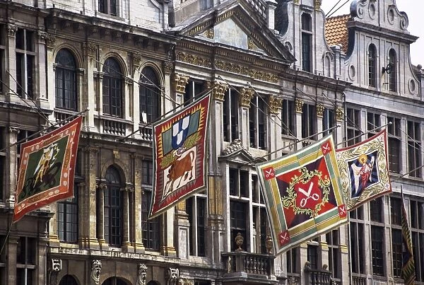 Banners representing houses, Grand Place, Brussels, Belgium, Europe