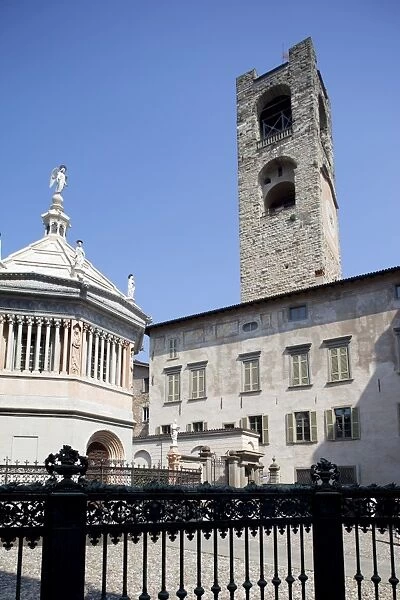 Baptistery and Big Bell Civic Tower, Piazza Vecchia, Bergamo, Lombardy, Italy, Europe