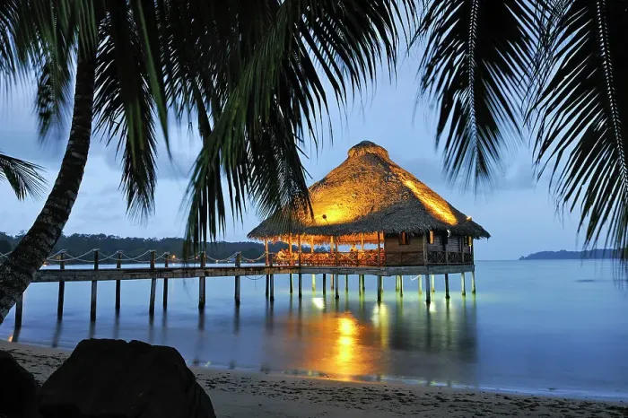 Framed Print : Bar and restaurant on stilts at dusk, Playa Tortuga hotel, Colon Island, Bocas del Toro Archipelago, Republic of Panama, Central America Framed Print : Bar and restaurant on stilts at dusk, Playa Tortuga hotel, Colon Island, Bocas del Toro Archipelago, Republic of Panama, Central America