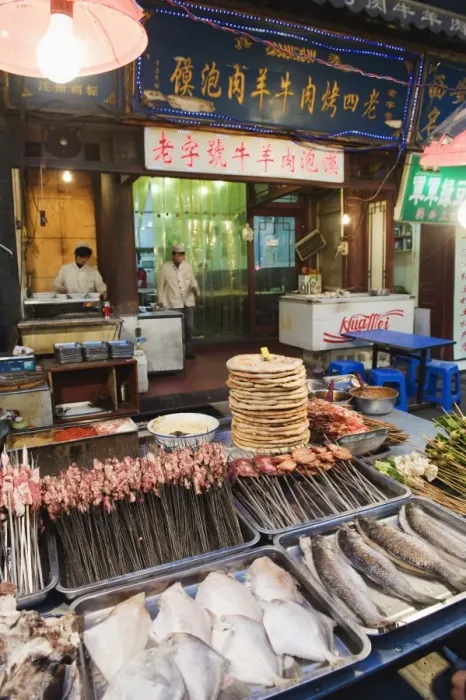 Framed Print : Barbeque food at a street market in the Muslim area of Xian, Shaanxi Province Framed Print : Barbeque food at a street market in the Muslim area of Xian, Shaanxi Province