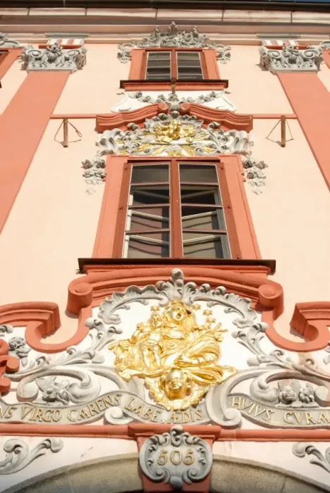 Framed Print : Detail of Baroque decoration on facade of building, Kral Jiri z Podebrad Square Framed Print : Detail of Baroque decoration on facade of building, Kral Jiri z Podebrad Square
