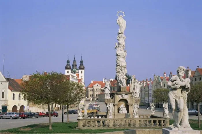 Framed Print : Baroque Marian Column dating from 1717 and Baroque Holy Name of Jesus Church dating from 1667 at namesti Zachariase z Hradce (square), Telc, UNESCO World Heritage Site, Jihlavsko, Czech Framed Print : Baroque Marian Column dating from 1717 and Baroque Holy Name of Jesus Church dating from 1667 at namesti Zachariase z Hradce (square), Telc, UNESCO World Heritage Site, Jihlavsko, Czech