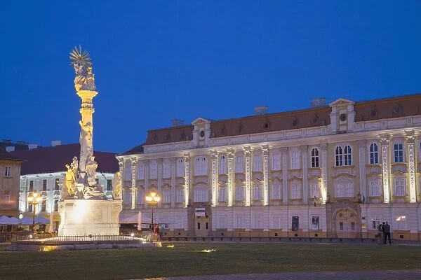 Baroque Palace and Trinity Column in Piata Unirii at dusk, Timisoara, Banat, Romania, Europe