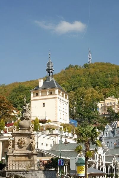 Baroque Plague Column and 19th century spa buildings in spa town of Karlovy Vary