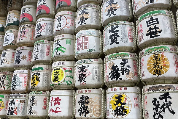 Barrels of Sake wrapped in straw at the Meiji Jingu, Tokyo, Japan, Asia