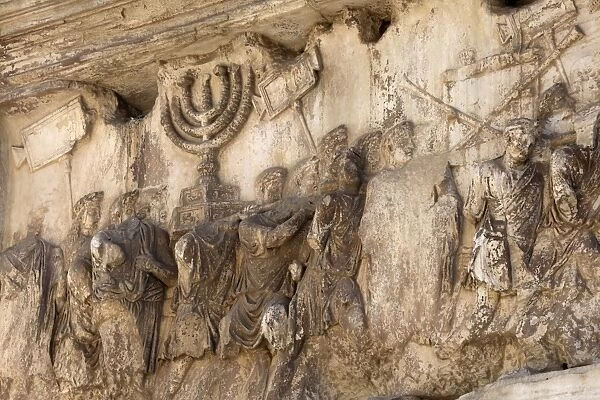 Bas-relief on Arch of Titus showing menorah taken from the Temple of Jerusalem, Roman Forum