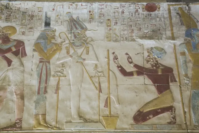 Framed Print : Bas-relief of the kneeling Pharaoh Seti I, Temple of Seti I, Abydos, Egypt, North Africa