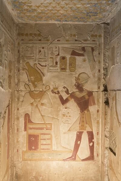 Bas-relief, Pharaoh Seti I on right, Temple of Seti I, Abydos, Egypt, North Africa
