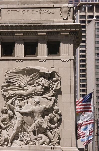 Bas relief sculpture on Michigan Avenue Bridge depicting moments in the citys history