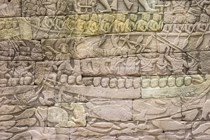 Framed Print : Bas-relief stone carvings depicting a sea battle, Banteay Chhmar, Ankorian-era temple ruins Framed Print : Bas-relief stone carvings depicting a sea battle, Banteay Chhmar, Ankorian-era temple ruins