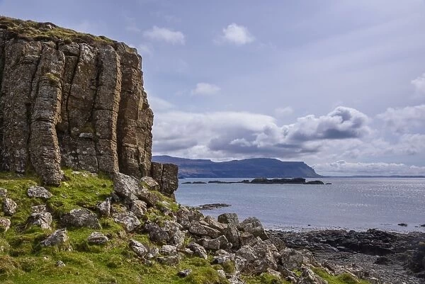 Basalt columns, rock formation, cliffs on Isle of Ulva, Inner Hebrides, Argyll and Bute