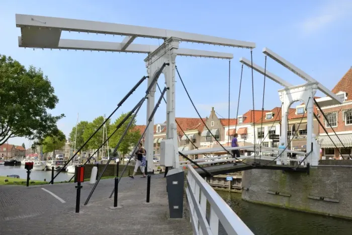 Framed Print : Bascule Bridge (Draw Bridge) and houses in the port of Enkhuizen, North Holland, Netherlands, Europe