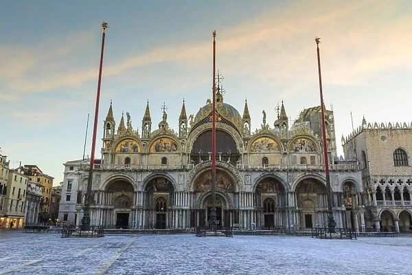 Basilica and Piazza San Marco at dawn after overnight snow, Venice, UNESCO World Heritage Site