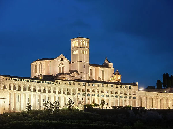 Basilica of Saint Francis of Assisi, illuminated at night, UNESCO World Heritage Site, Assisi, Perugia, Umbria, Italy, Europe