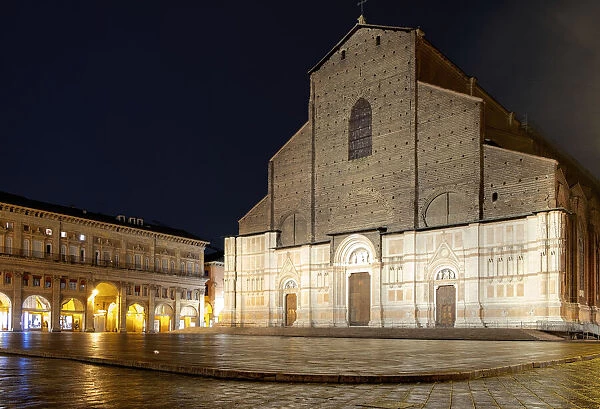 Basilica of San Petronio by night in Piazza Maggiore in the historical centre of Bologna
