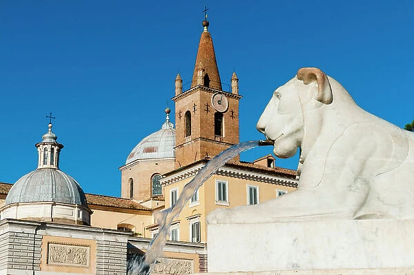 Basilica of St. Maria del Popolo, Lion of Fountain of Obelisk, Piazza del Popolo, UNESCO World Heritage Site, Rome, Latium (Lazio), Italy, Europe
