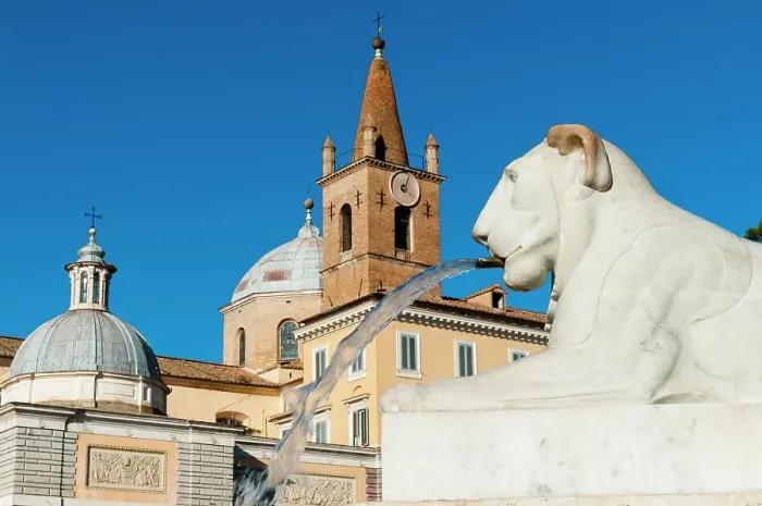 Framed Print : Basilica of St. Maria del Popolo, Lion of Fountain of Obelisk, Piazza del Popolo, UNESCO World Heritage Site, Rome, Latium (Lazio), Italy, Europe Framed Print : Basilica of St. Maria del Popolo, Lion of Fountain of Obelisk, Piazza del Popolo, UNESCO World Heritage Site, Rome, Latium (Lazio), Italy, Europe