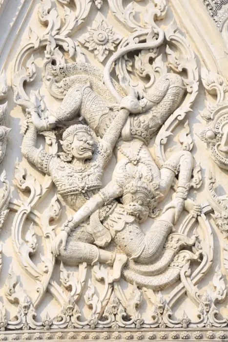 Framed Print : Detail of battling demons on Khmer style Wat Mahathat Worawihan temple in Phetchaburi, Thailand, Southeast Asia, Asia Framed Print : Detail of battling demons on Khmer style Wat Mahathat Worawihan temple in Phetchaburi, Thailand, Southeast Asia, Asia