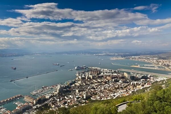 Bay of Gibraltar and Gibraltar Town from the top of the Rock, Gibraltar, Europe