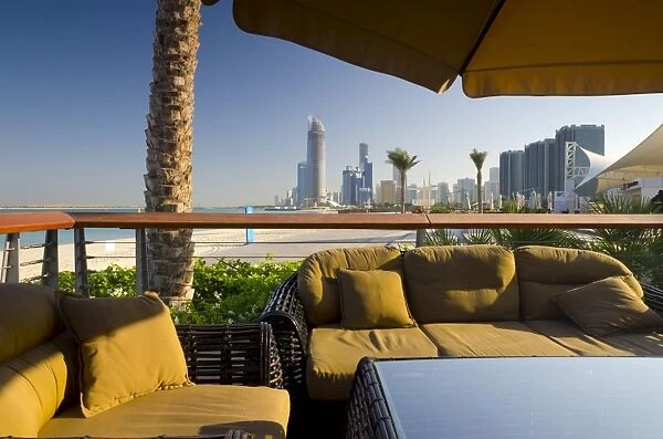 Beach and cafe, Corniche, Abu Dhabi, United Arab Emirates, Middle East