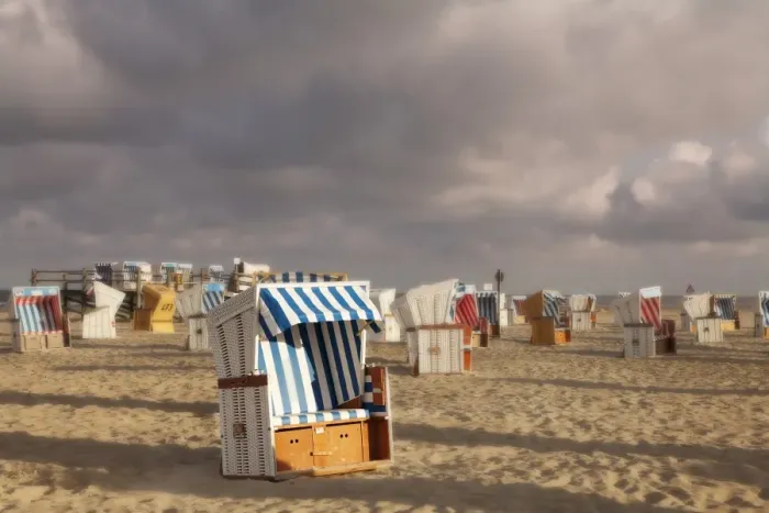 Framed Print : Beach chairs at the beach of Sankt Peter Ording, Eiderstedt peninsula, Schleswig Holstein, Germany, Europe