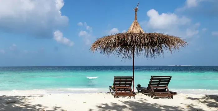 Framed Print : Beach chairs on beautiful tropical beach, The Maldives, Indian Ocean Framed Print : Beach chairs on beautiful tropical beach, The Maldives, Indian Ocean