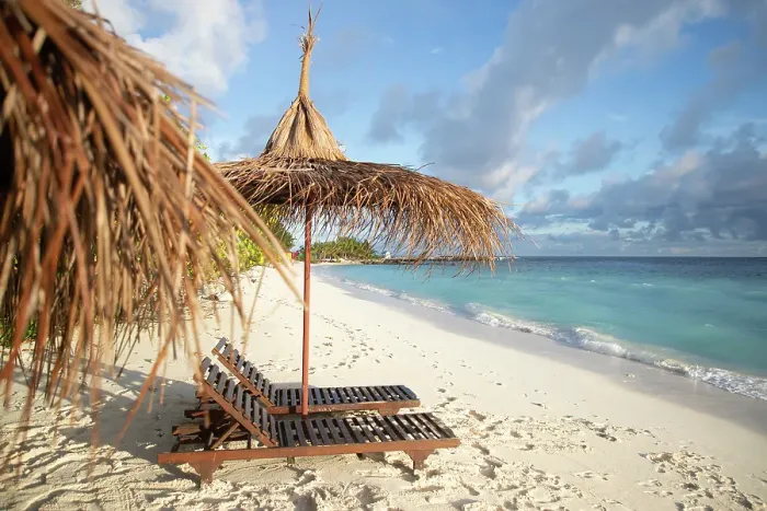 Framed Print : Beach chairs on beautiful tropical beach, The Maldives, Indian Ocean Framed Print : Beach chairs on beautiful tropical beach, The Maldives, Indian Ocean