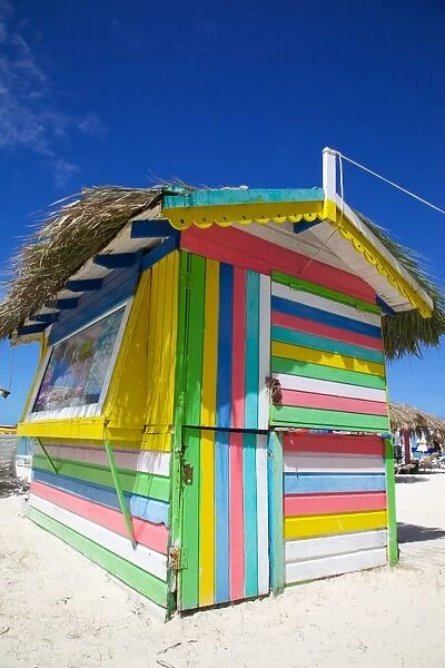 Beach and colourful beach hut, Dickenson Bay, St. Georges, Antigua, Leeward Islands, West Indies, Caribbean, Central America