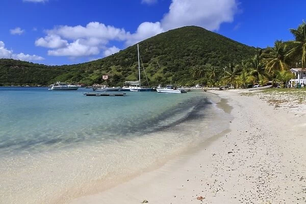 Beach, green hills and yachts, Great Harbour, Jost Van Dyke, British Virgin Islands, West Indies, Caribbean, Central America