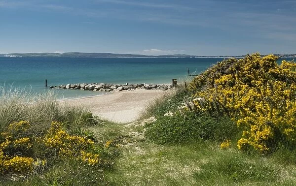 Beach between Hengistbury Head and Bournemouth with Poole Bay and Isle of Purbeck in the background