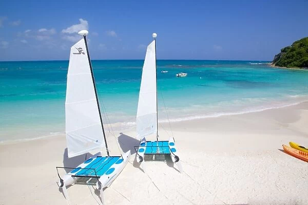 Beach and Hobie cats, Long Bay, Antigua, Leeward Islands, West Indies, Caribbean, Central America