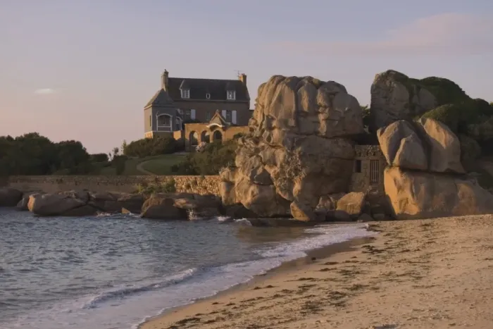 Framed Print : Beach house built behind rocks, Tregastel, Cote de Granit Rose, Cotes d Armor Framed Print : Beach house built behind rocks, Tregastel, Cote de Granit Rose, Cotes d Armor