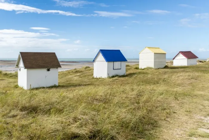 Framed Print : Beach huts, Gouville-sur-Mer, Normandy, France, Europe Framed Print : Beach huts, Gouville-sur-Mer, Normandy, France, Europe
