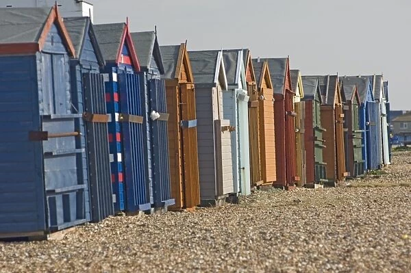 Beach huts locked up for winter, Hayling Island, Hampshire, England, United Kingdom