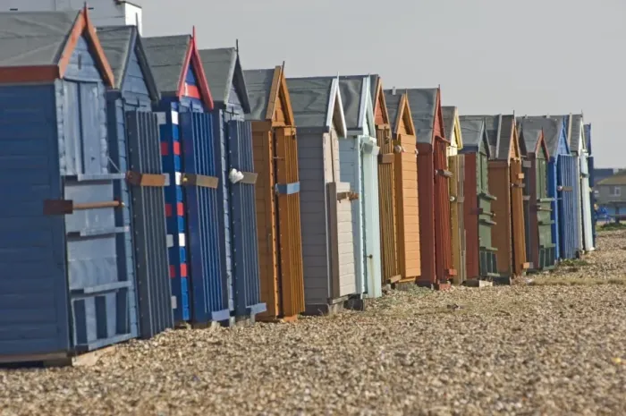 Framed Print : Beach huts locked up for winter, Hayling Island, Hampshire, England, United Kingdom Framed Print : Beach huts locked up for winter, Hayling Island, Hampshire, England, United Kingdom