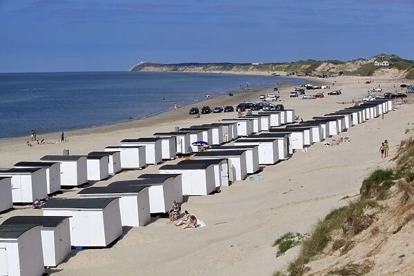 Beach huts on North Sea coast, Lokken, Jutland, Denmark, Scandinavia, Europe
