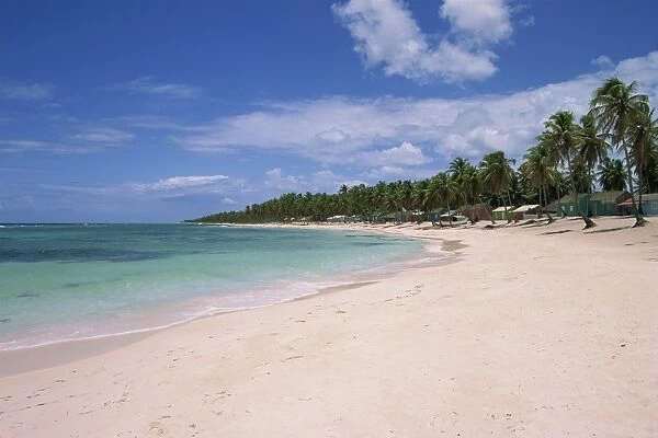 Beach huts and palm trees line an empty beach on Saona Island, Dominican Republic