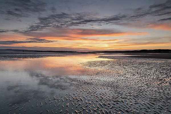 Beach at low tide at sunset, Camber Sands, East Sussex, England, United Kingdom, Europe