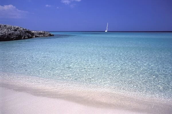 Beach and sailing boat, Formentera, Balearic Islands, Spain, Mediterranean, Europe