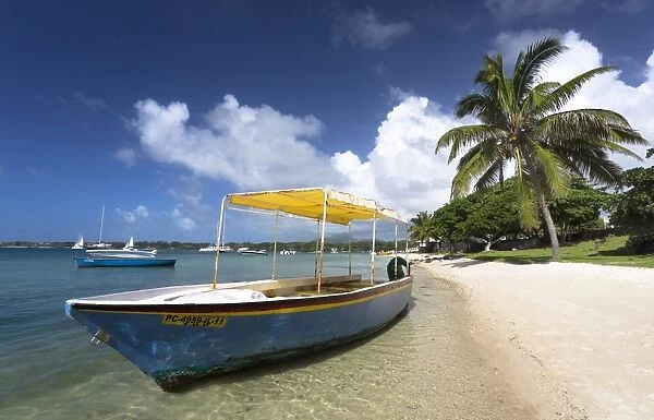 Beach scene with palm trees, blue sky and a boat used to ferry tourists to the idyllic island of Ile Aux Cerfs from Trou D Eau Douce, a village on the east coast of Mauritius, Indian Ocean, Africa